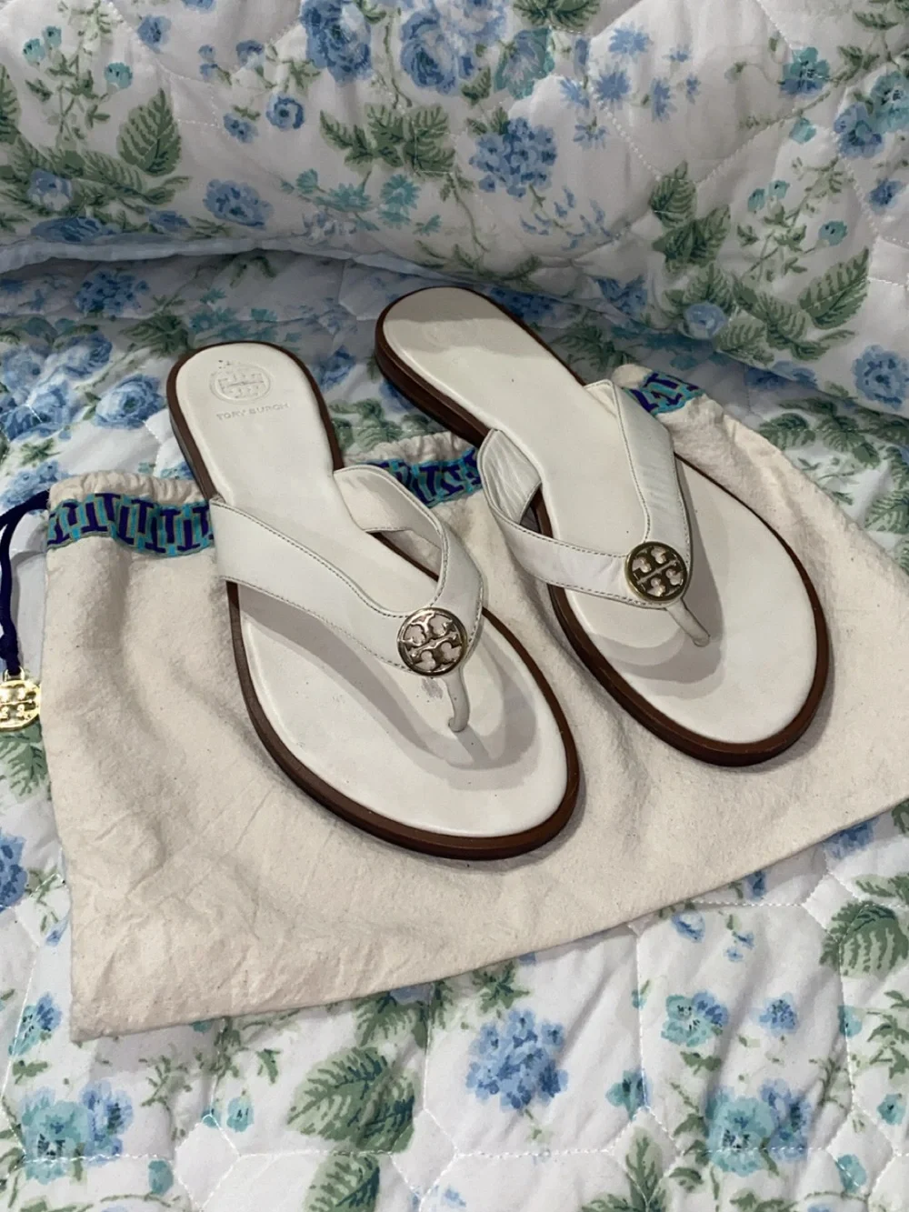 Tory Burch White Leather Logo Thong Sandals